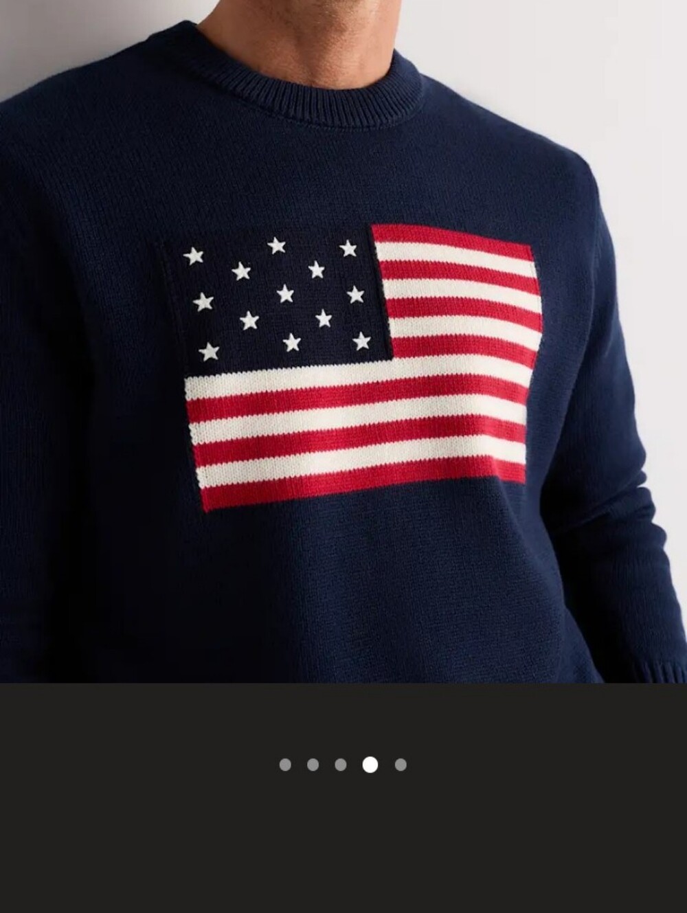 Quince Navy Crewneck Sweater with Red, White Flag Motif